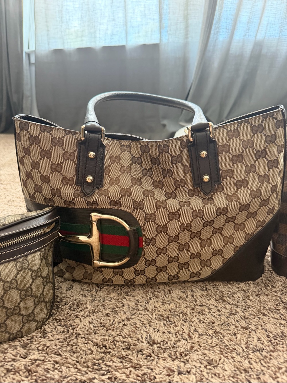 Gucci Monogram Canvas Brown Tote with Signature Web Stripe & Horsebit